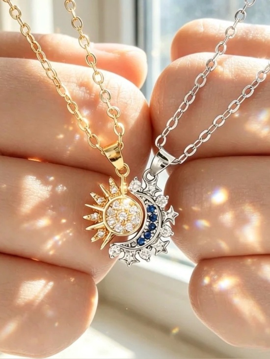 Anthropologie Jewelry - Gold and Silver Sun & Moon Pendant Necklace with Blue Accents